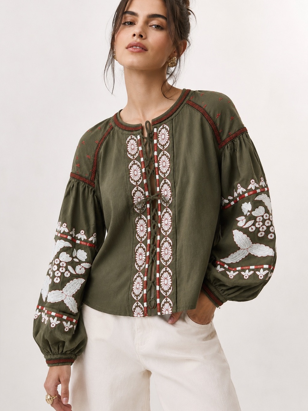Anthropologie RD & Koko Embroidered Boho Jacket Top Olive Balloon Sleeve S